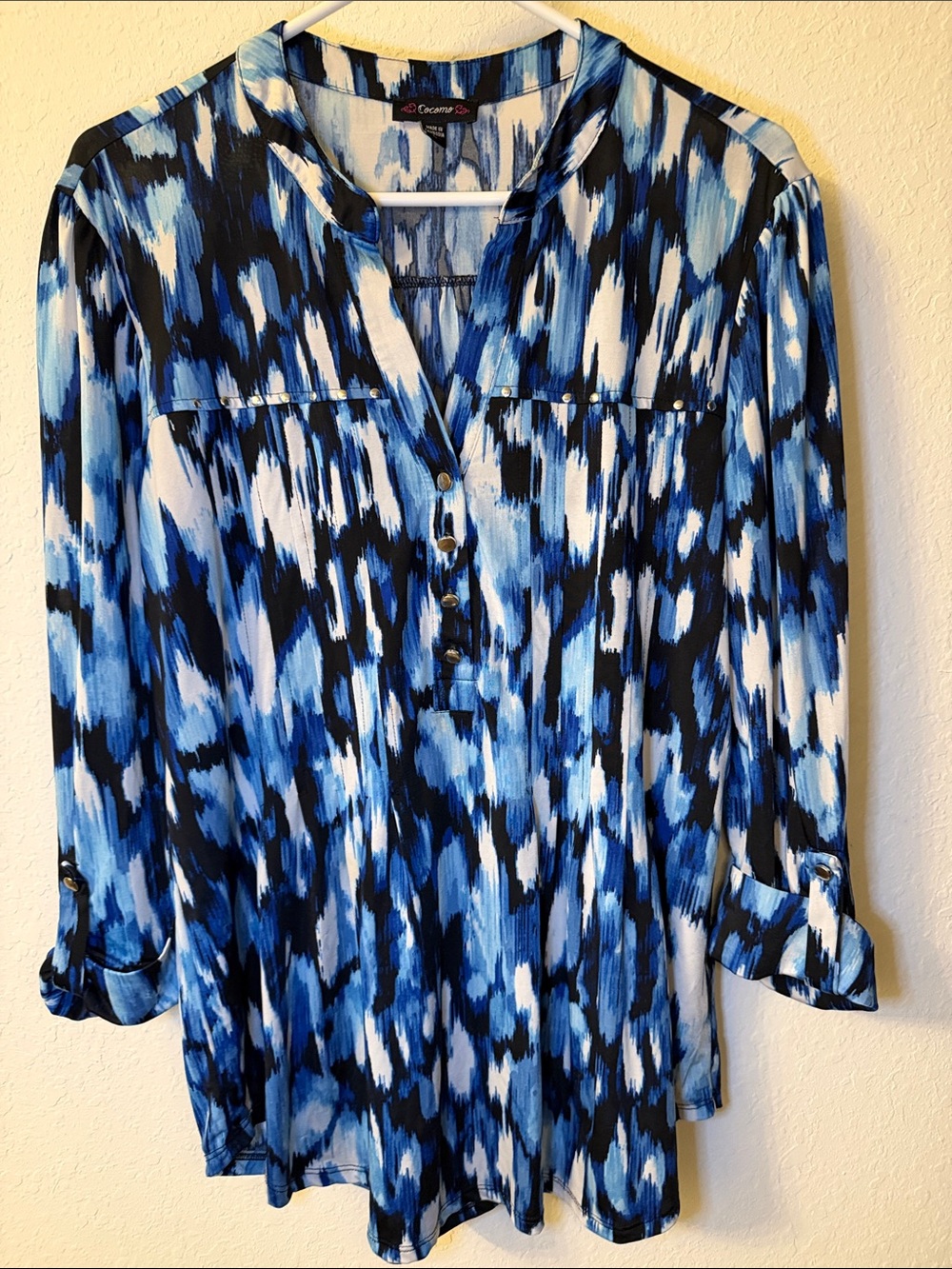 Cocomo Blue Black White Print Long-Sleeve Blouse